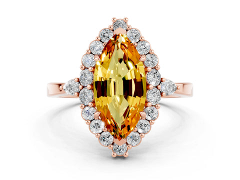Rose gold Marquise Cut Citrine Halo Ring with Pear Side Stones and Prong Setting_12