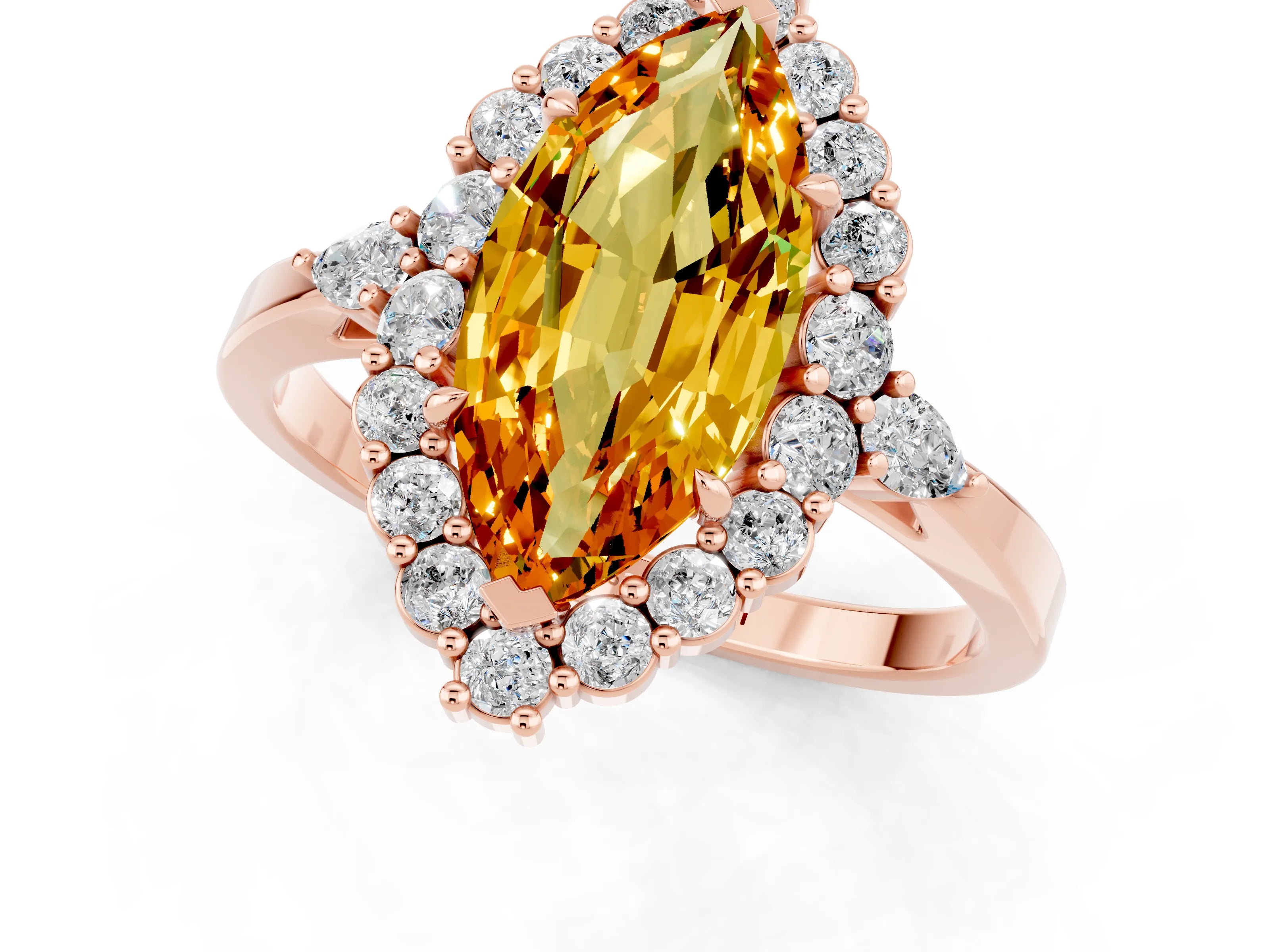 Rose gold Marquise Cut Citrine Halo Ring with Pear Side Stones and Prong Setting_13
