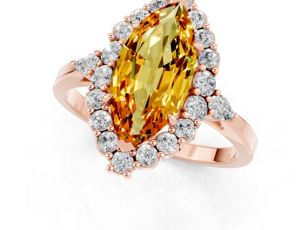 Rose gold Marquise Cut Citrine Halo Ring with Pear Side Stones and Prong Setting