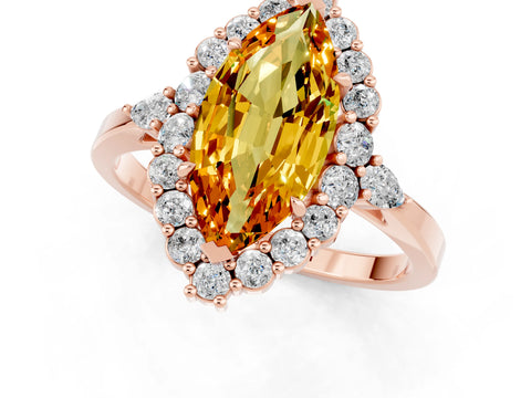 Rose gold Marquise Cut Citrine Halo Ring with Pear Side Stones and Prong Setting_13