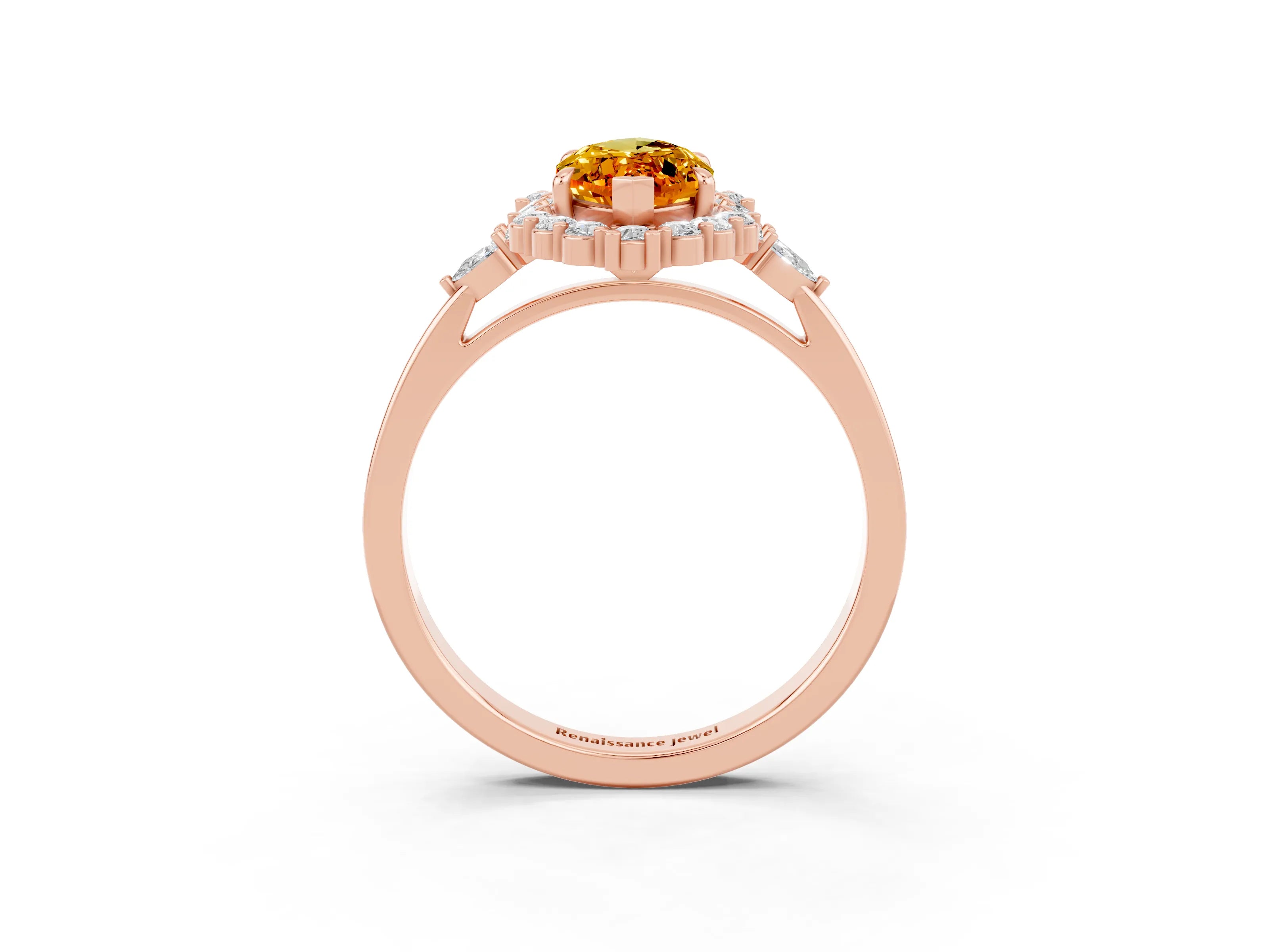 Rose gold Marquise Cut Citrine Halo Ring with Pear Side Stones and Prong Setting_15