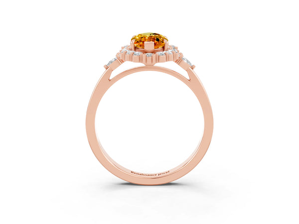 Rose gold Marquise Cut Citrine Halo Ring with Pear Side Stones and Prong Setting