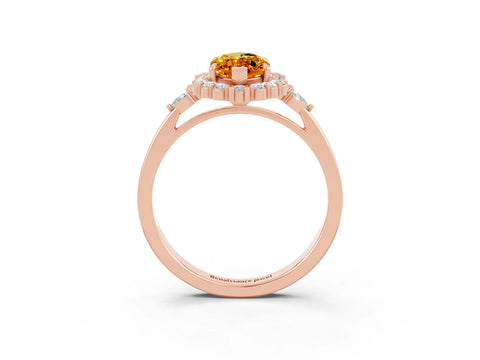 Rose gold Marquise Cut Citrine Halo Ring with Pear Side Stones and Prong Setting_15