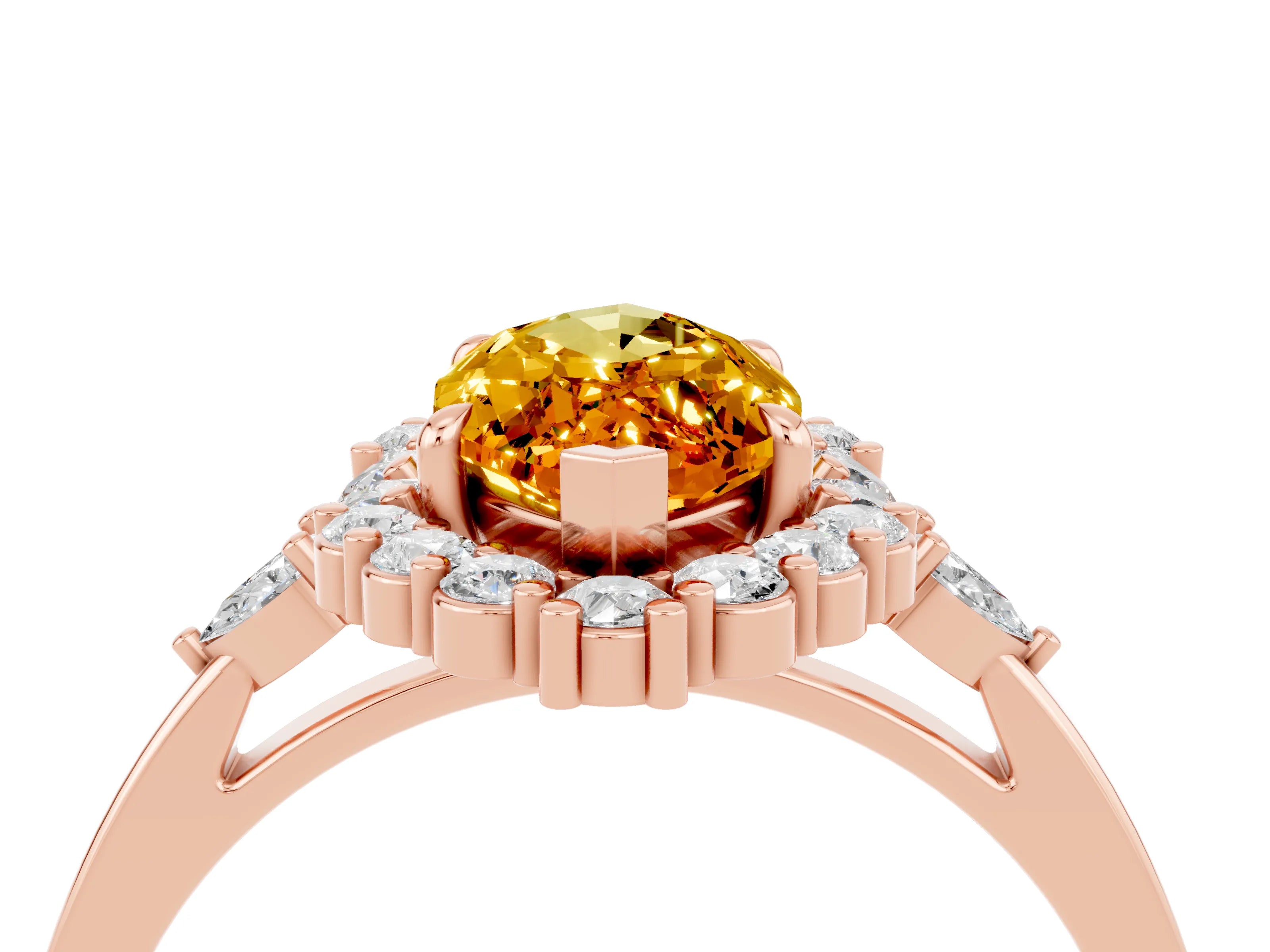 Rose gold Marquise Cut Citrine Halo Ring with Pear Side Stones and Prong Setting_16