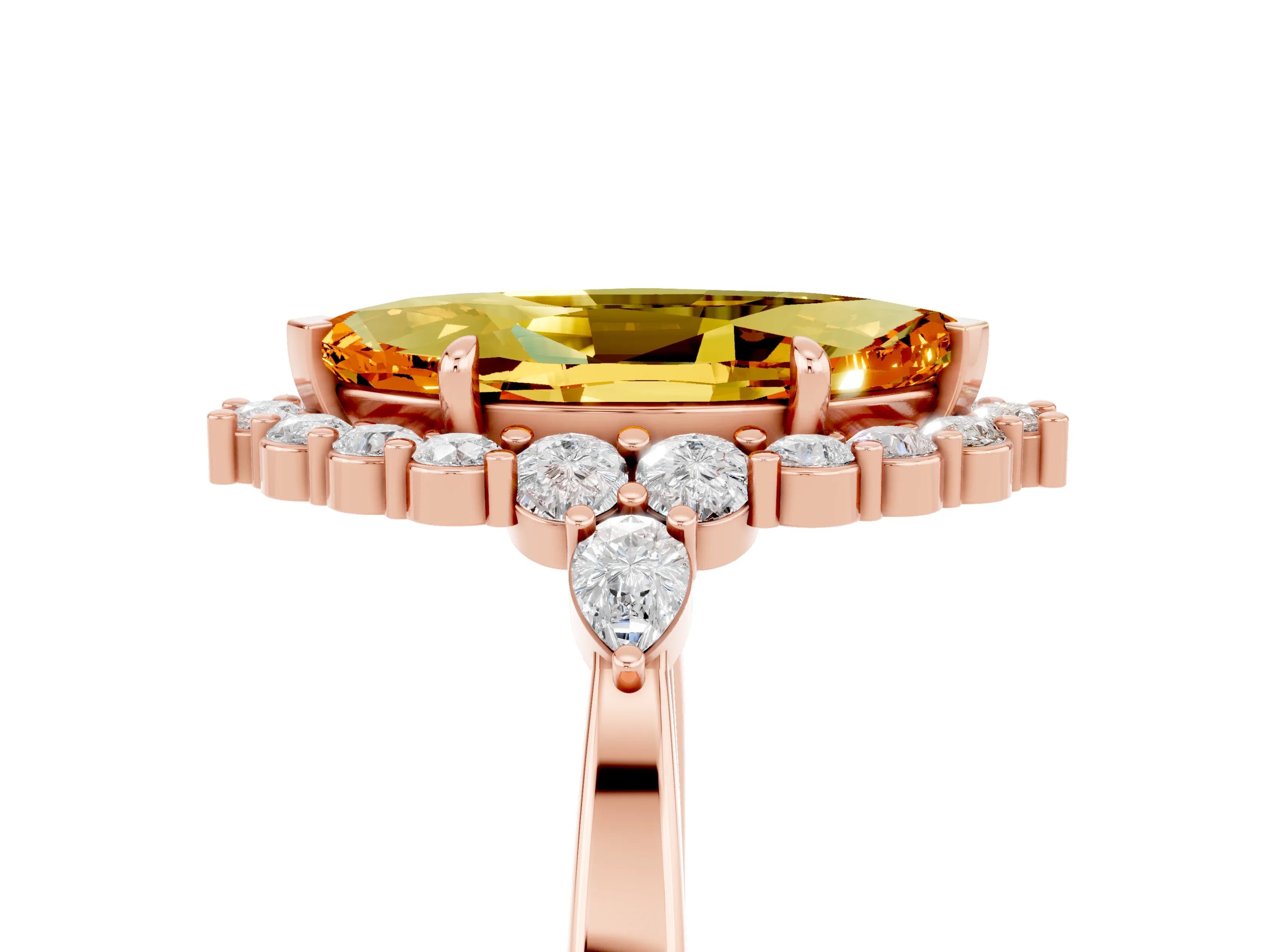 Rose gold Marquise Cut Citrine Halo Ring with Pear Side Stones and Prong Setting_17