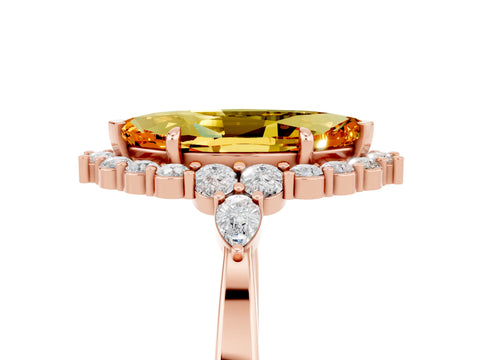 Rose gold Marquise Cut Citrine Halo Ring with Pear Side Stones and Prong Setting_17