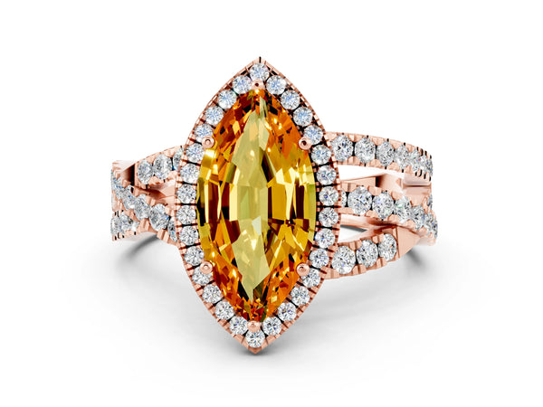 Rose gold Marquise Cut Citrine Halo Ring with Round Split Shank and Prong Setting