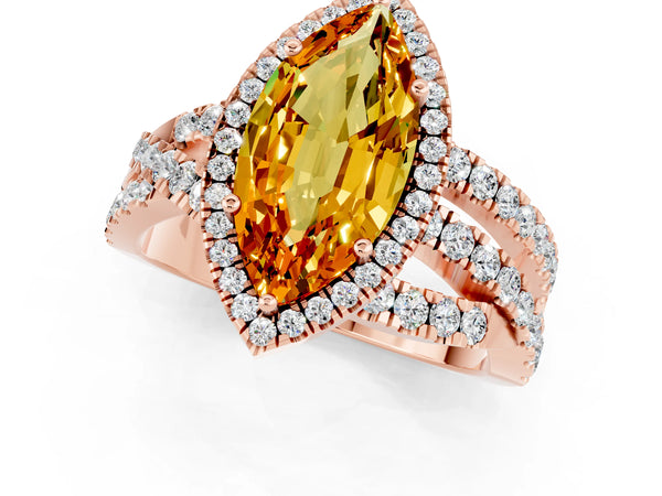 Rose gold Marquise Cut Citrine Halo Ring with Round Split Shank and Prong Setting