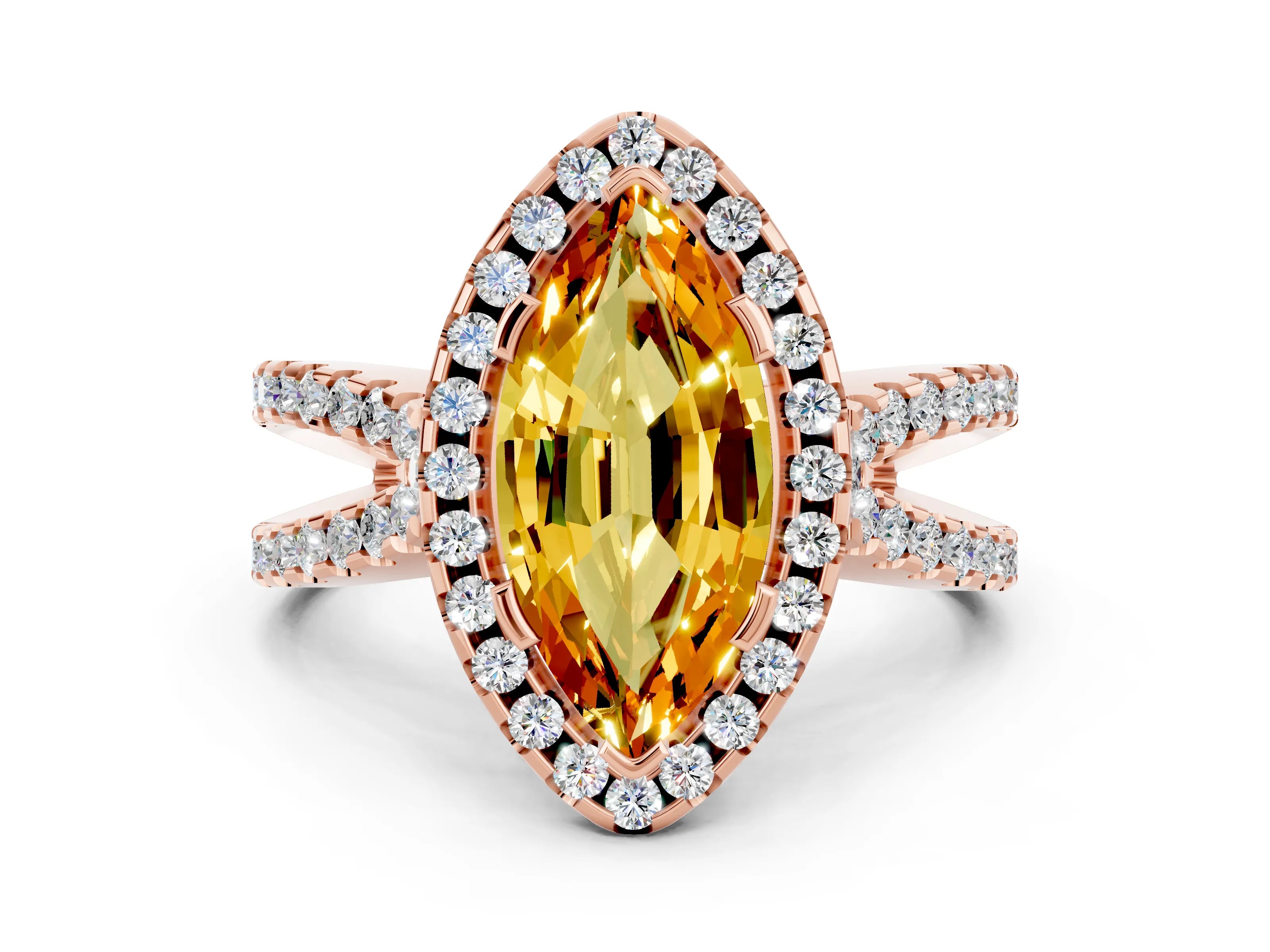 Rose gold Marquise Cut Citrine Halo Ring with Split Shank Pavé Band and Prong Setting