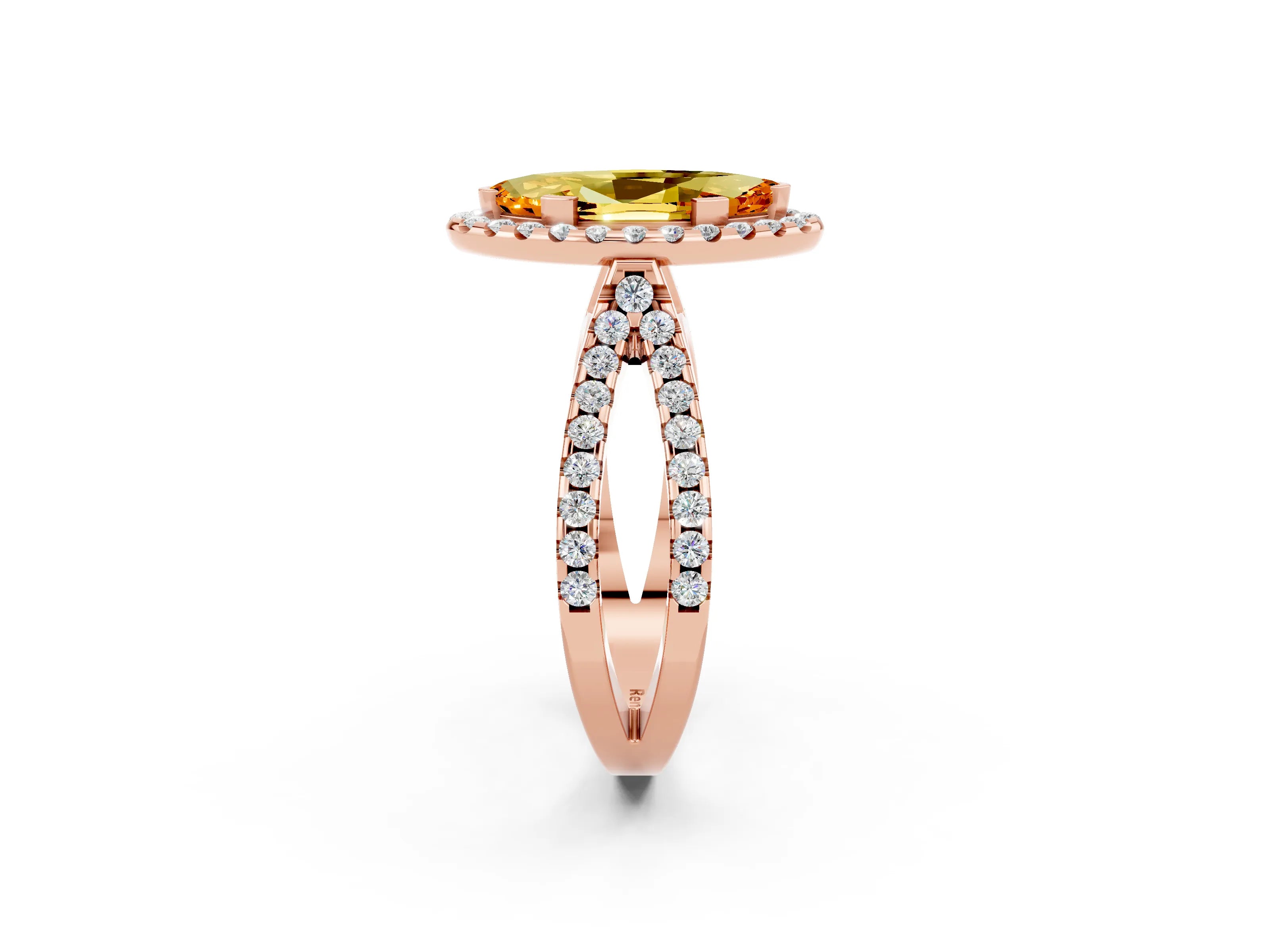 Rose gold Marquise Cut Citrine Halo Ring with Split Shank Pavé Band and Prong Setting_2