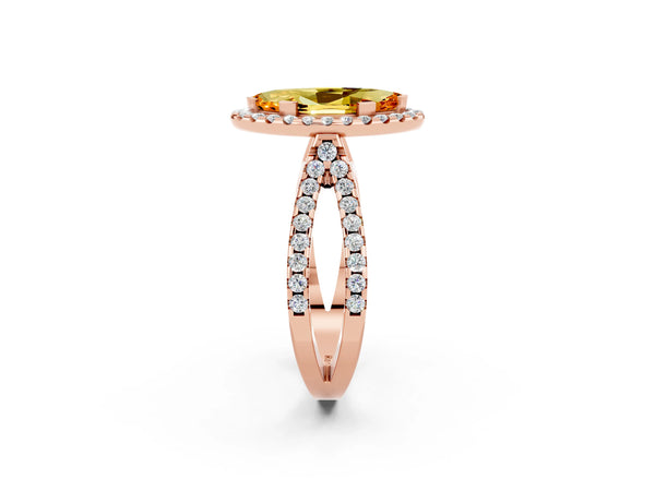 Rose gold Marquise Cut Citrine Halo Ring with Split Shank Pavé Band and Prong Setting