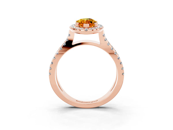 Rose gold Marquise Cut Citrine Halo Ring with Split Shank Pavé Band and Prong Setting