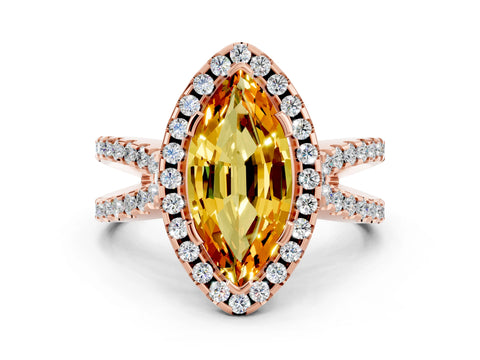 Rose gold Marquise Cut Citrine Halo Ring with Split Shank Pavé Band and Prong Setting