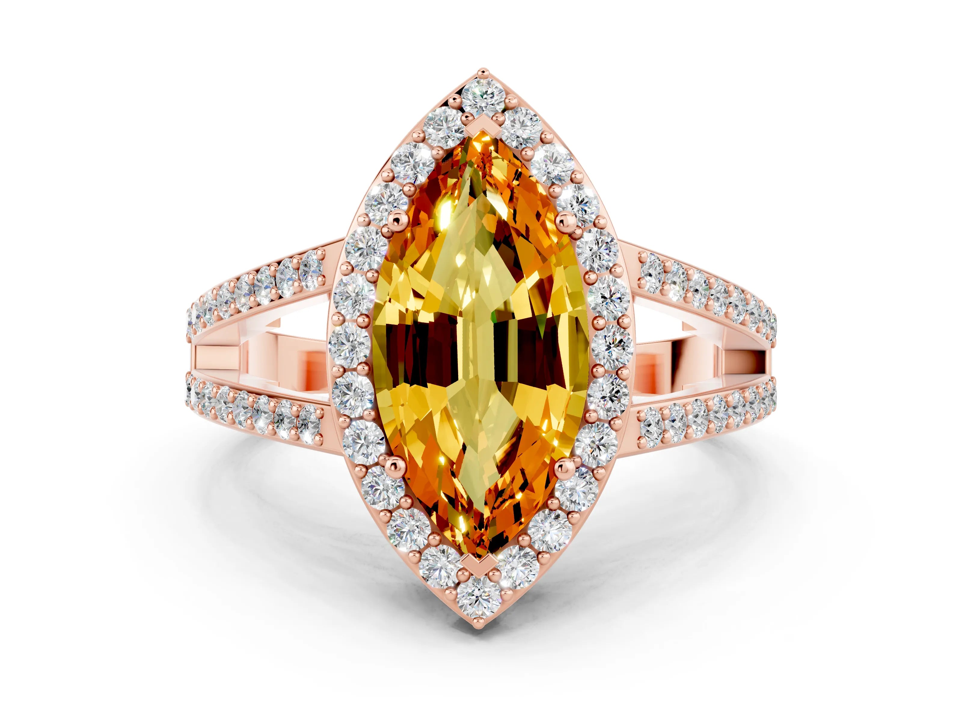 Rose gold Marquise Cut Citrine Halo Ring with Split Shank U-Prong Band and Four-Prong Setting
