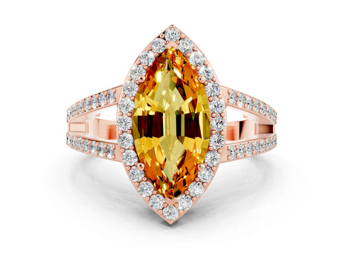 Rose gold Marquise Cut Citrine Halo Ring with Split Shank U-Prong Band and Four-Prong Setting
