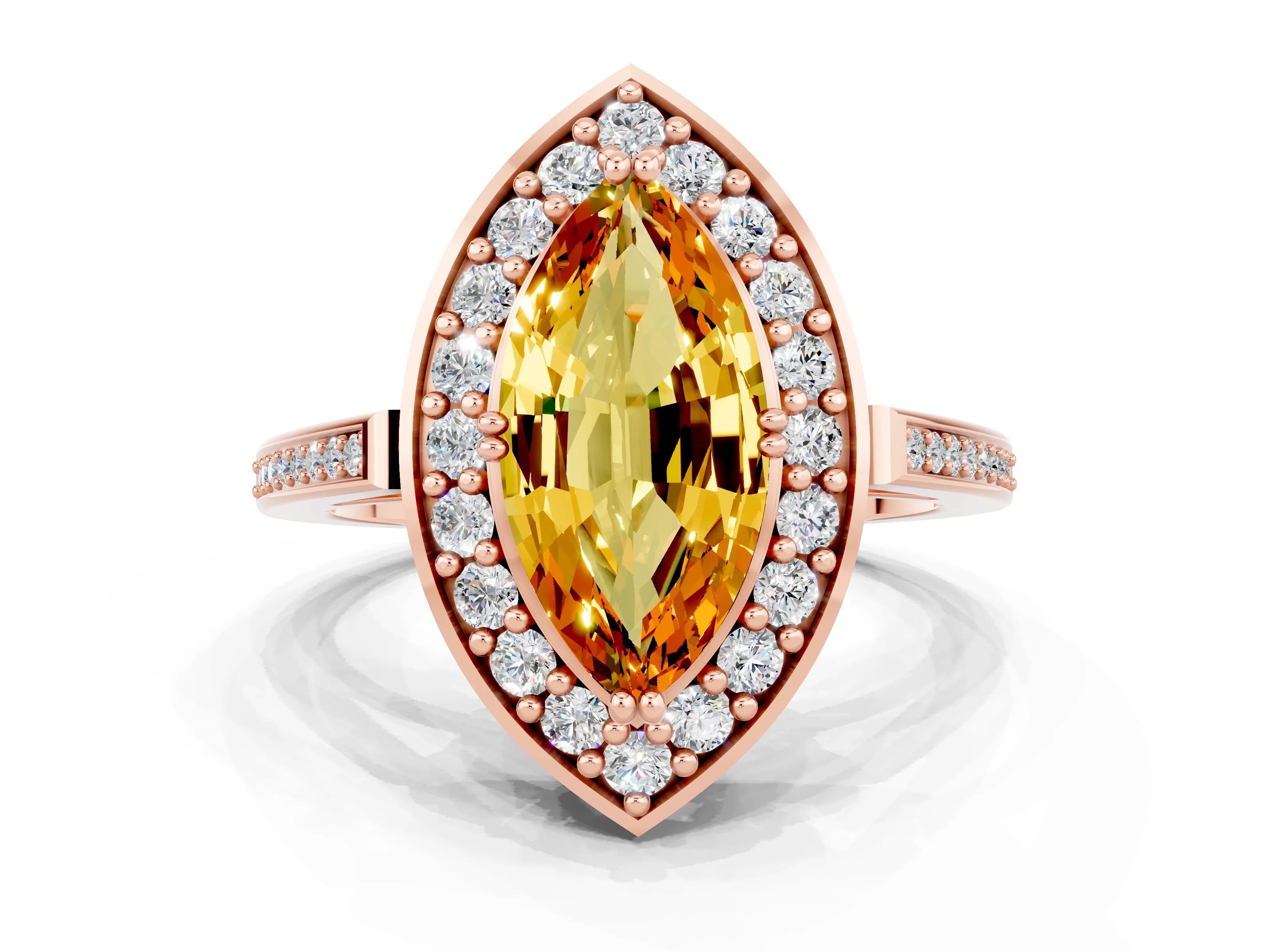Rose gold Marquise Cut Citrine Halo Ring with Split Shank and Four-Prong Setting