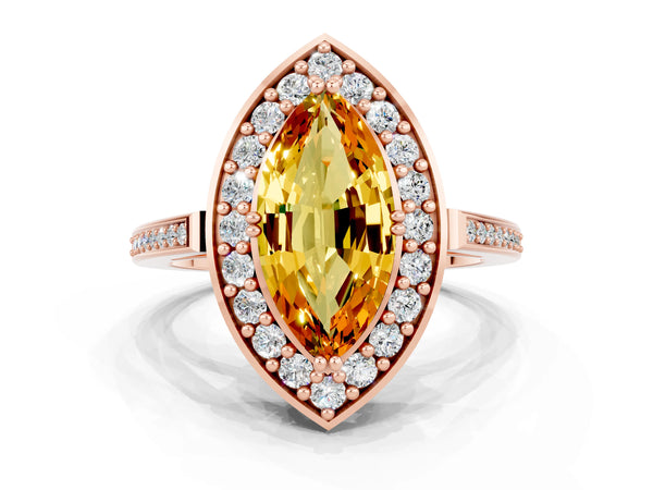 Rose gold Marquise Cut Citrine Halo Ring with Split Shank and Four-Prong Setting