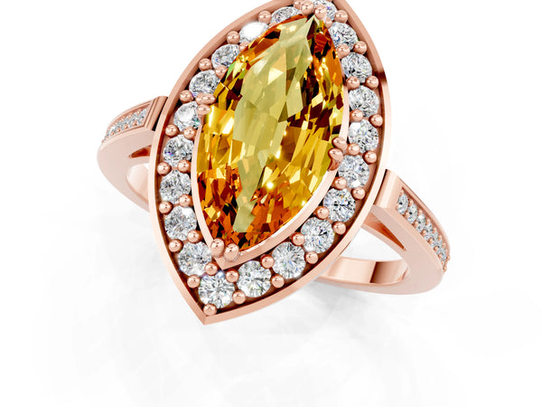 Rose gold Marquise Cut Citrine Halo Ring with Split Shank and Four-Prong Setting