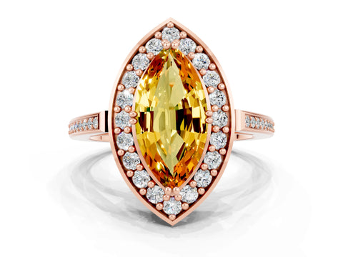 Rose gold Marquise Cut Citrine Halo Ring with Split Shank and Four-Prong Setting