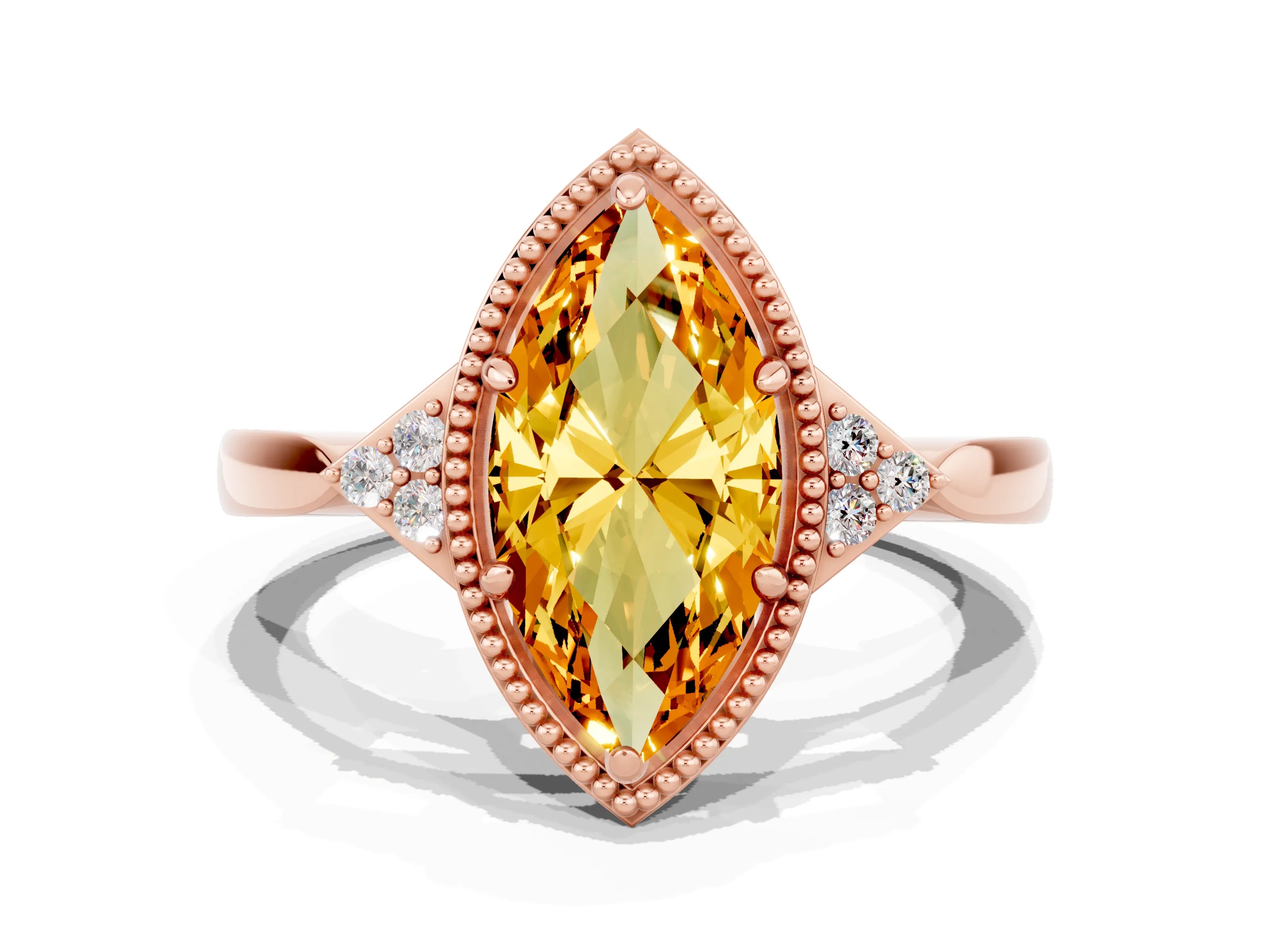 Rose gold Marquise Cut Citrine Halo Ring with Tapered Band and Four-Prong Setting