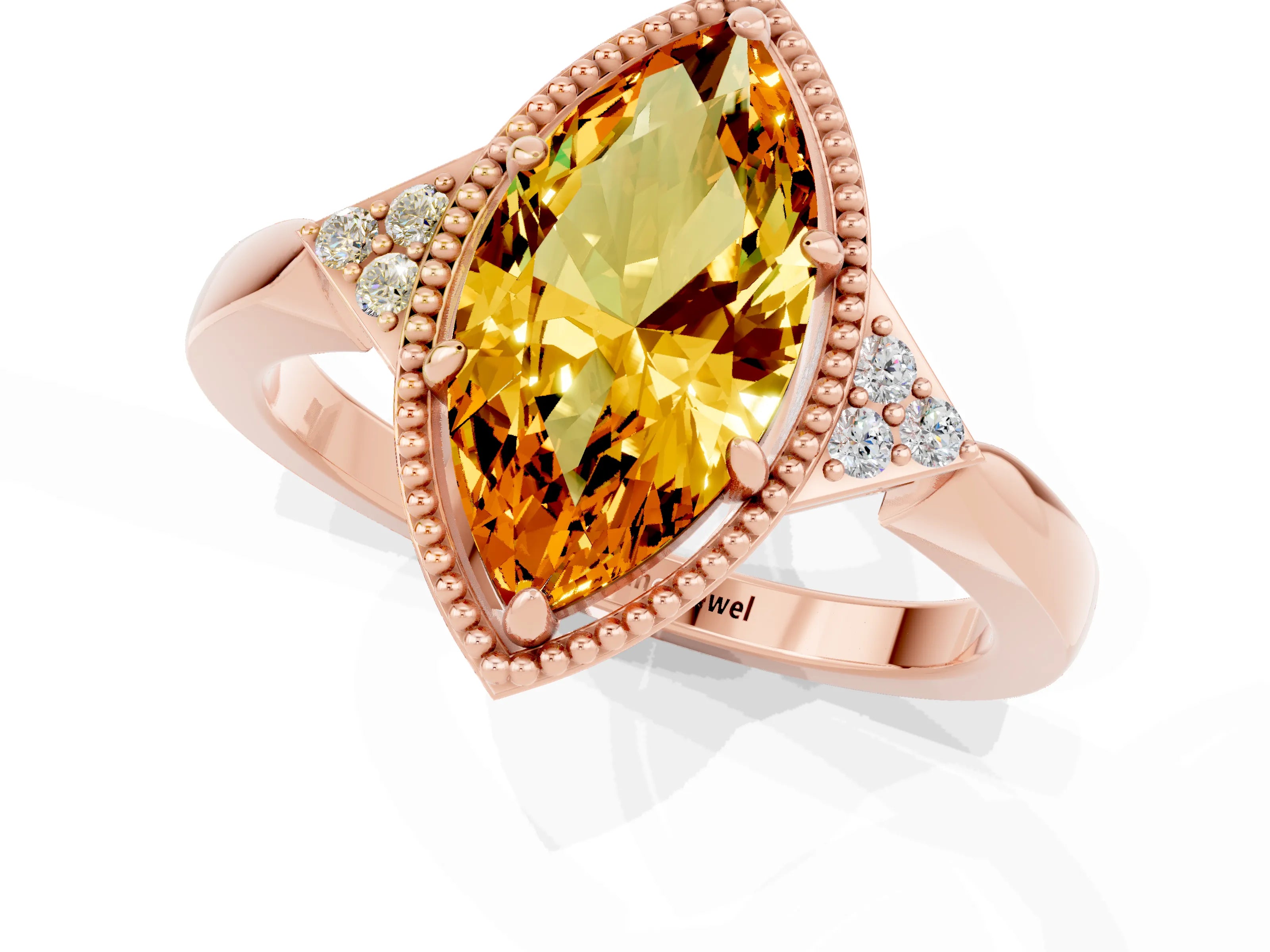 Rose gold Marquise Cut Citrine Halo Ring with Tapered Band and Four-Prong Setting_1