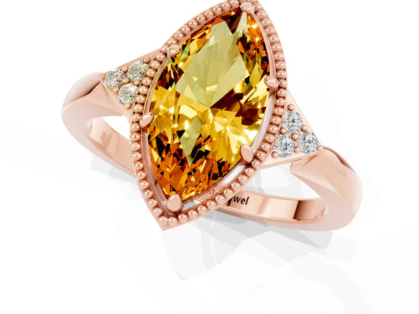 Rose gold Marquise Cut Citrine Halo Ring with Tapered Band and Four-Prong Setting