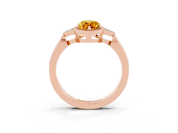 Rose gold Marquise Cut Citrine Halo Ring with Tapered Band and Four-Prong Setting