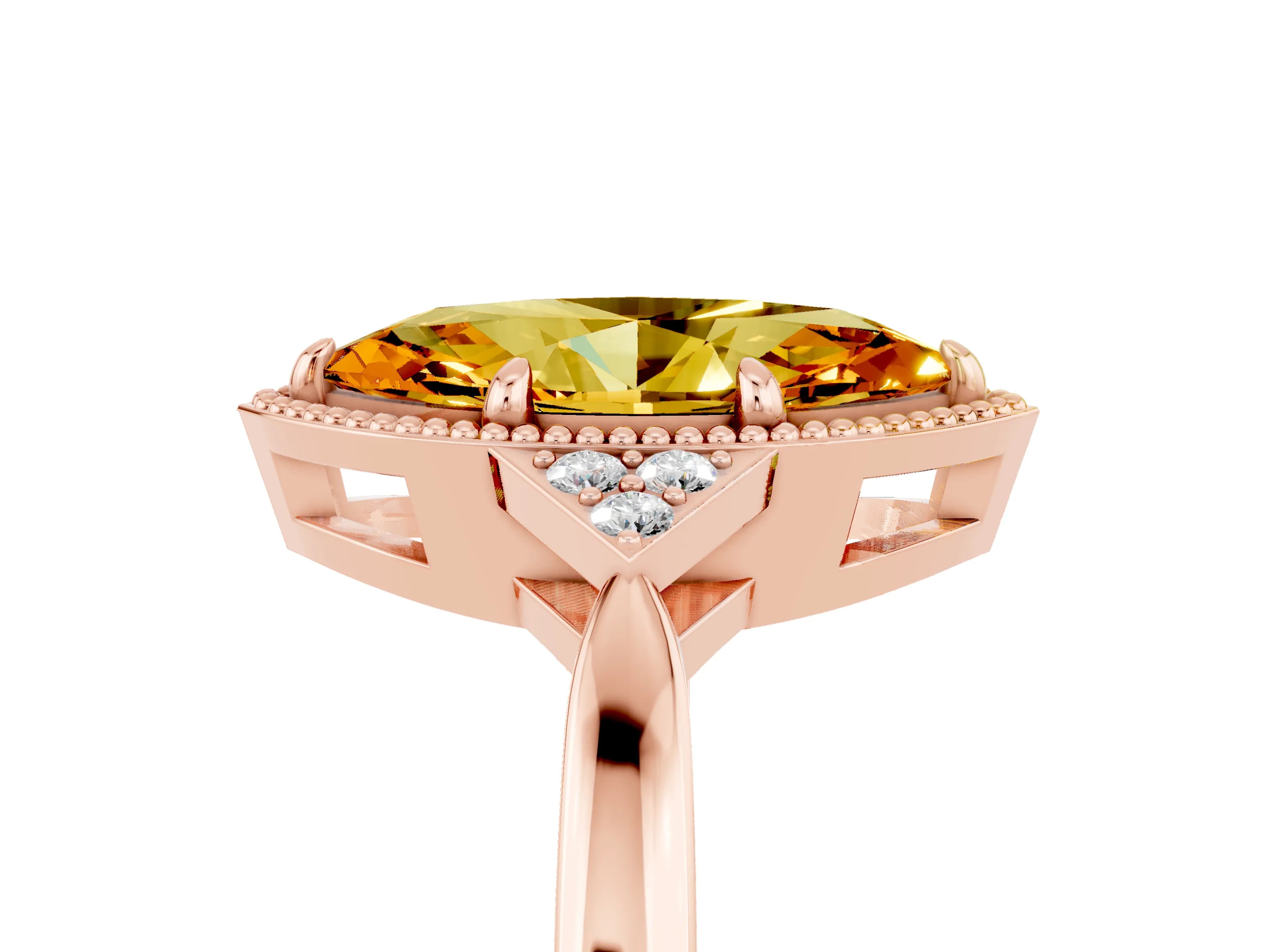 Rose gold Marquise Cut Citrine Halo Ring with Tapered Band and Four-Prong Setting_5