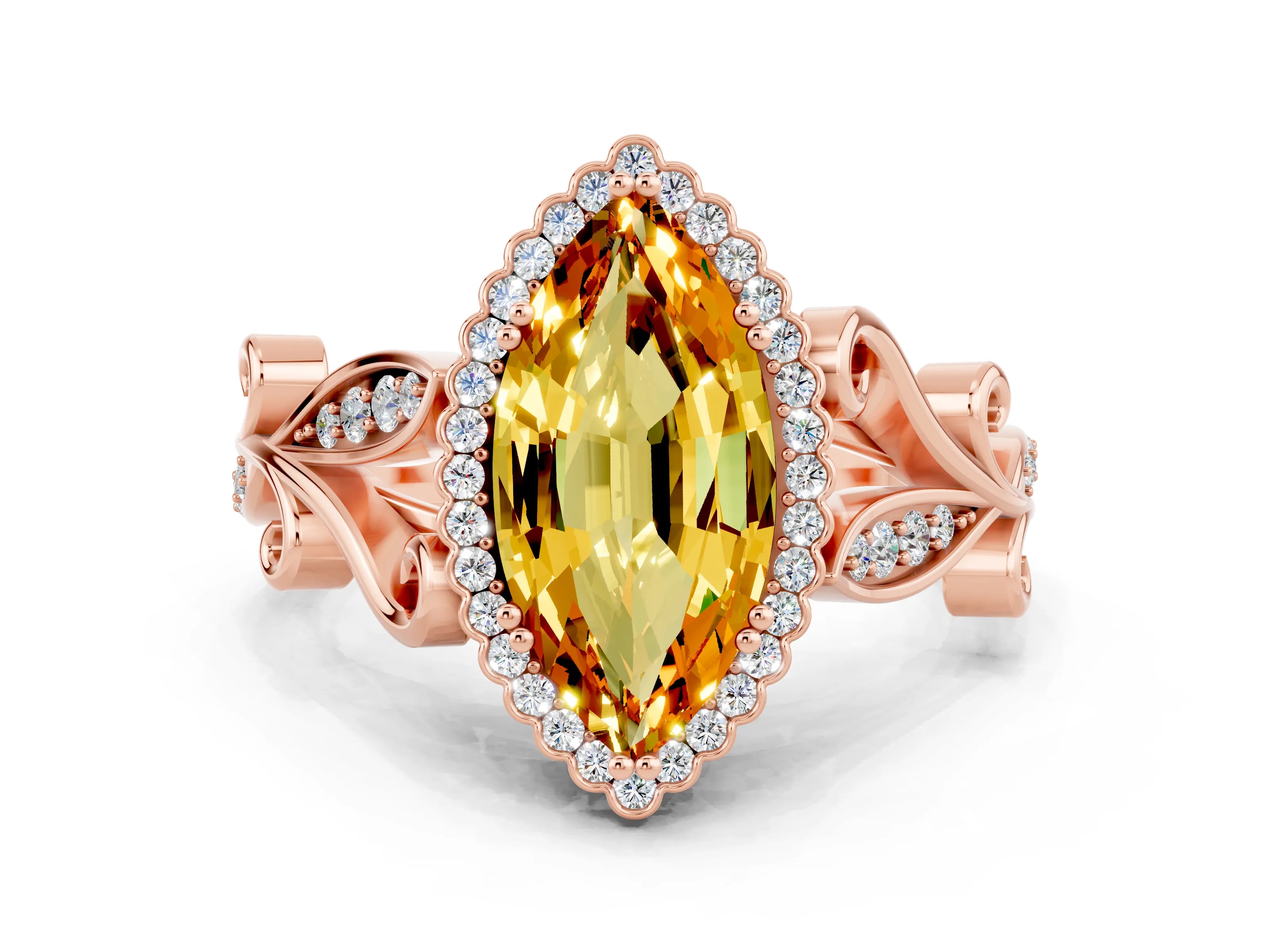 Rose gold Marquise Cut Citrine Halo Ring with Vintage Split Shank and Four-Prong Setting