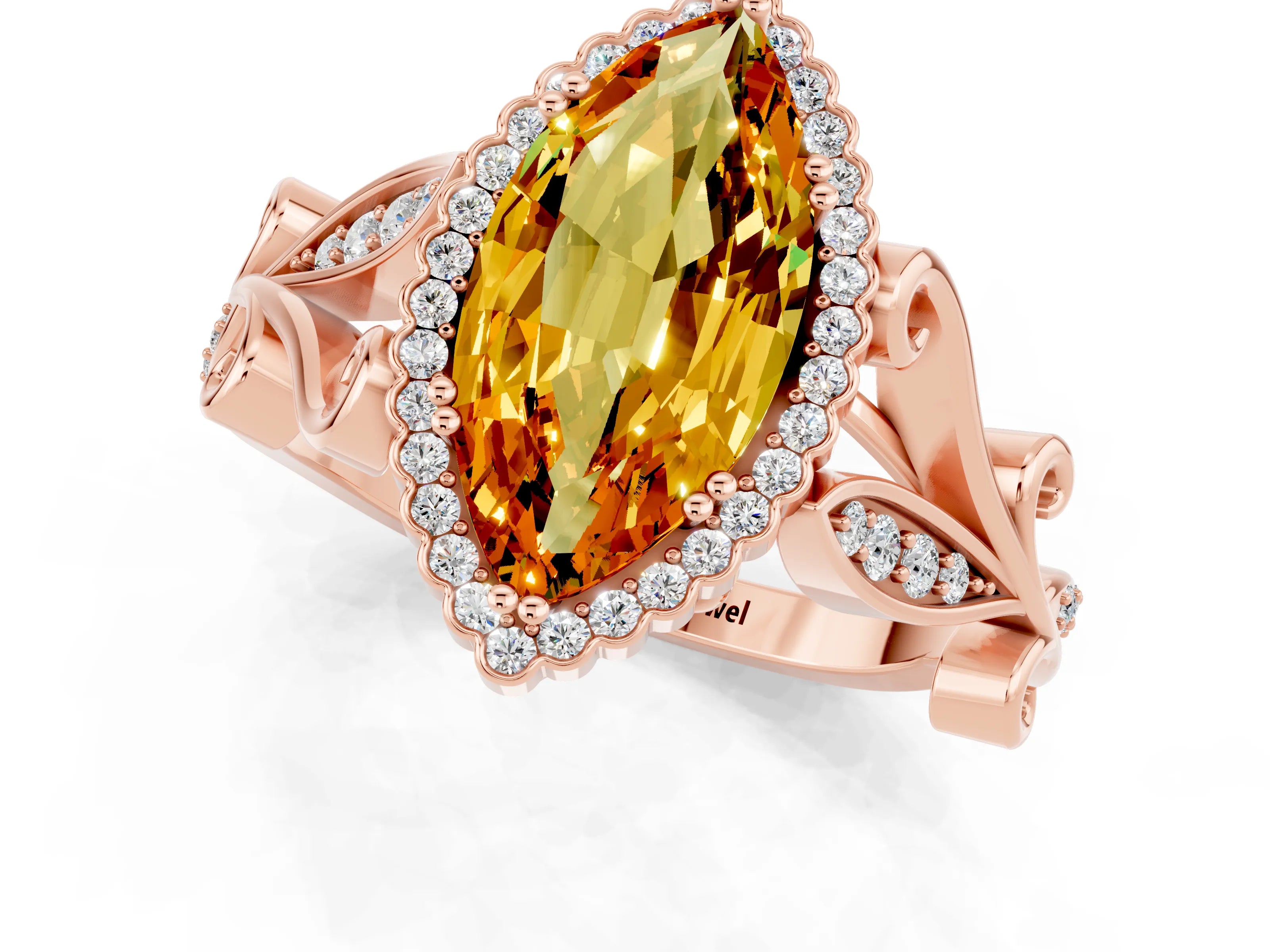 Rose gold Marquise Cut Citrine Halo Ring with Vintage Split Shank and Four-Prong Setting_1