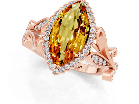 Rose gold Marquise Cut Citrine Halo Ring with Vintage Split Shank and Four-Prong Setting_1