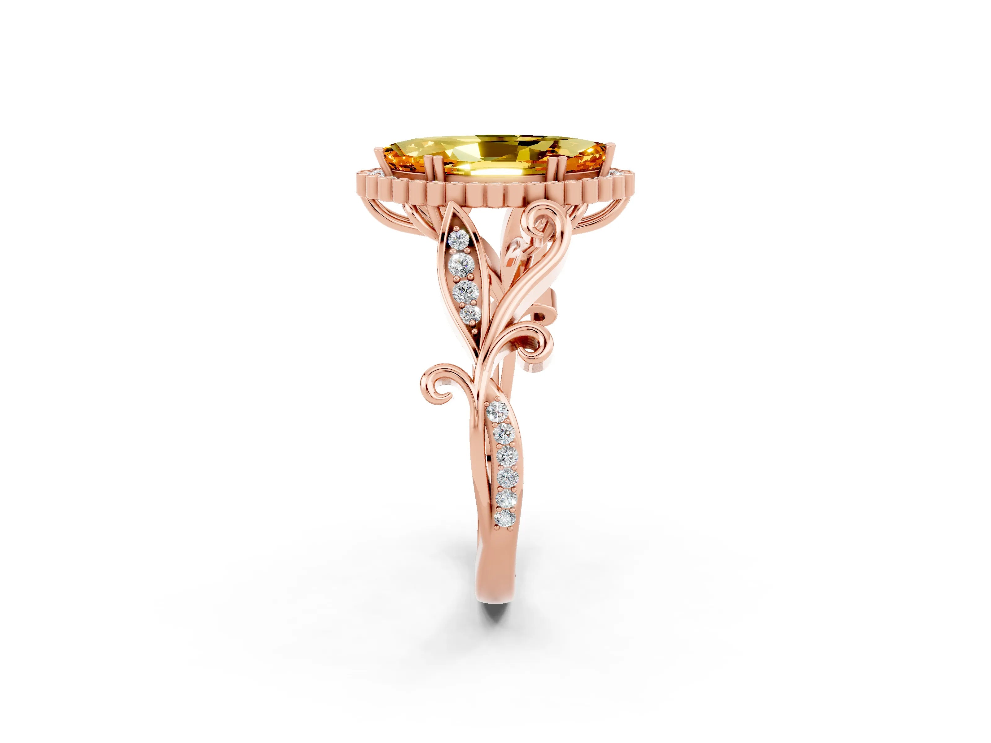 Rose gold Marquise Cut Citrine Halo Ring with Vintage Split Shank and Four-Prong Setting_2
