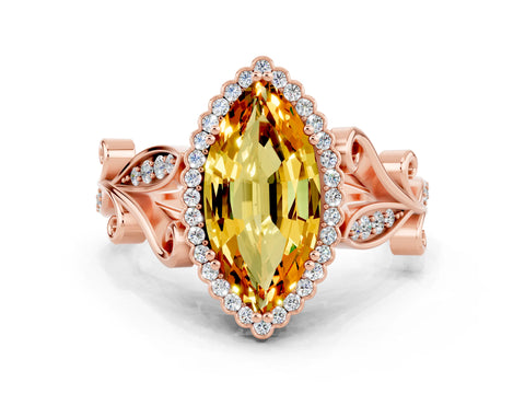 Rose gold Marquise Cut Citrine Halo Ring with Vintage Split Shank and Four-Prong Setting