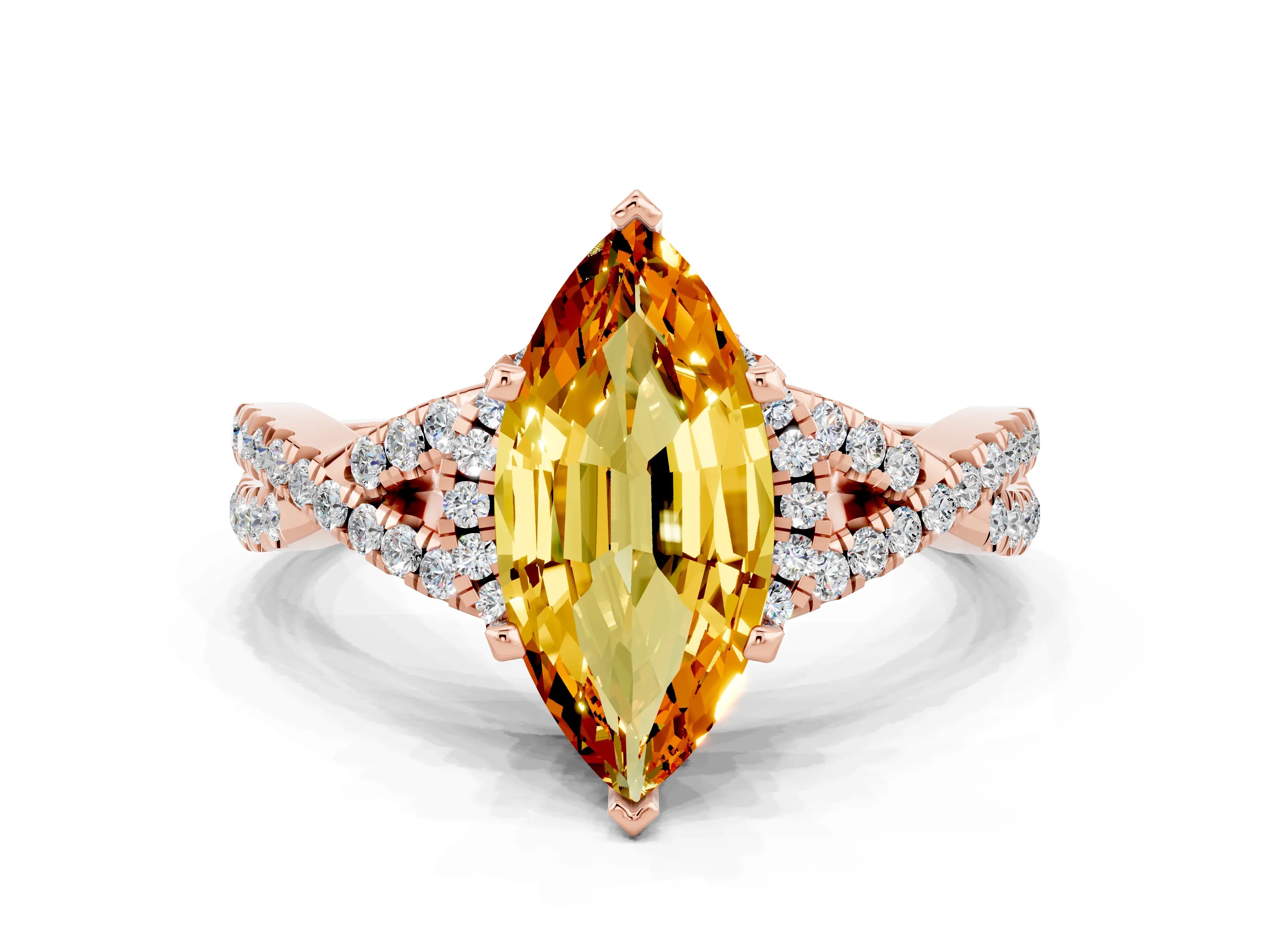 Rose gold Marquise Cut Citrine Halo Twist Band Solitaire Prong Setting Ring