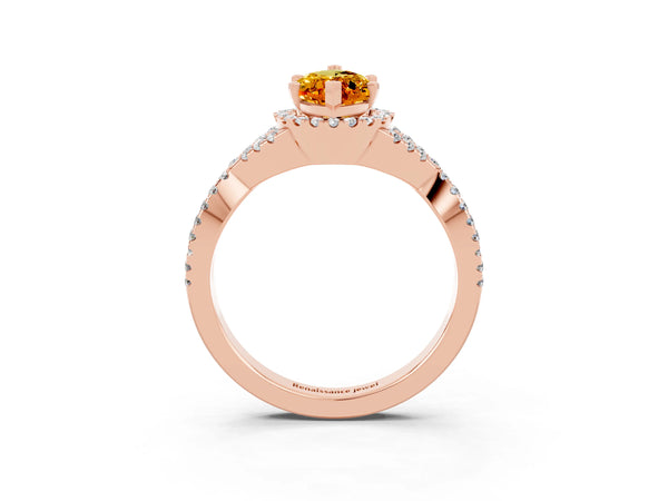 Rose gold Marquise Cut Citrine  Halo Twist Band Solitaire Prong Setting Ring