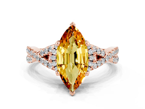 Rose gold Marquise Cut Citrine Halo Twist Band Solitaire Prong Setting Ring