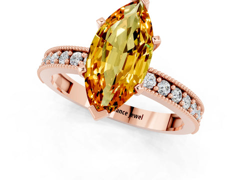 Rose gold Marquise Cut Citrine Milgrain Pavé Engagement Ring with Four-Prong Setting_1