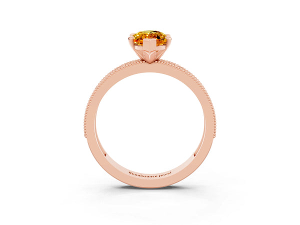 Rose gold Marquise Cut Citrine Milgrain Pavé Engagement Ring with Four-Prong Setting