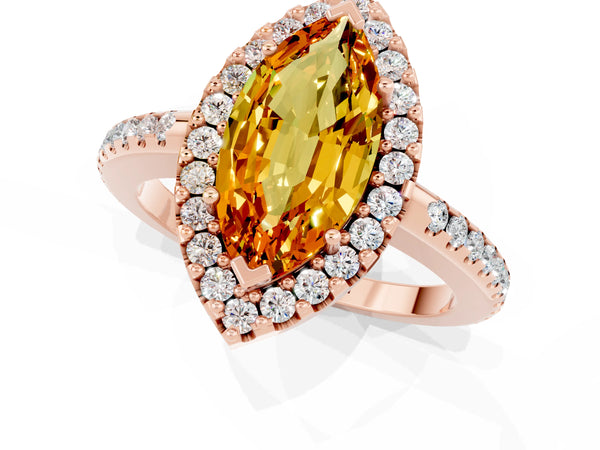 Rose gold Marquise Cut Citrine Pavé Halo Ring with Four-Prong Setting
