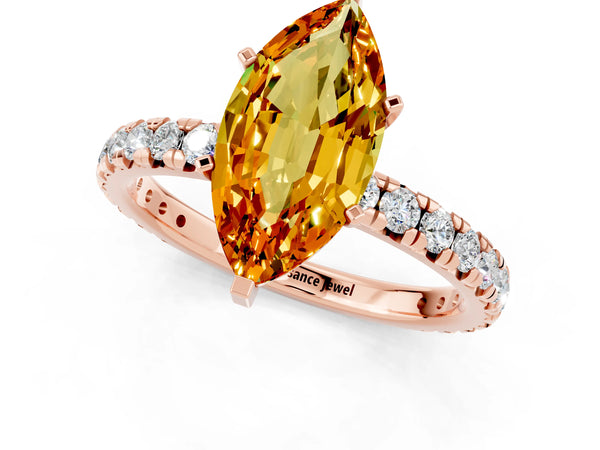 Rose gold Marquise Cut Citrine Pavé Solitaire Ring with Round Band and Prong Setting
