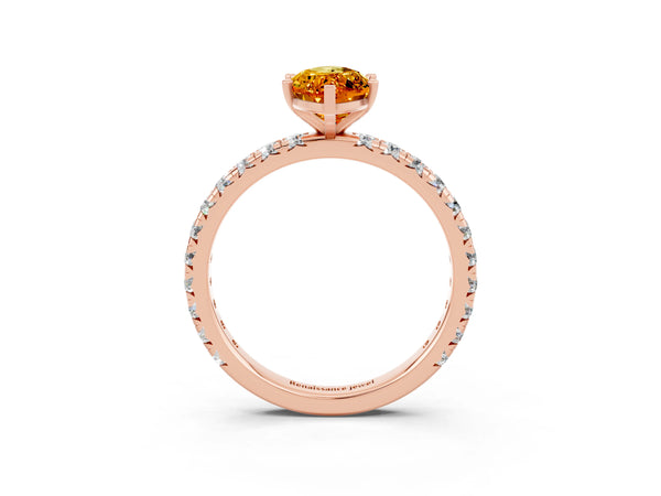 Rose gold Marquise Cut Citrine Pavé Solitaire Ring with Round Band and Prong Setting