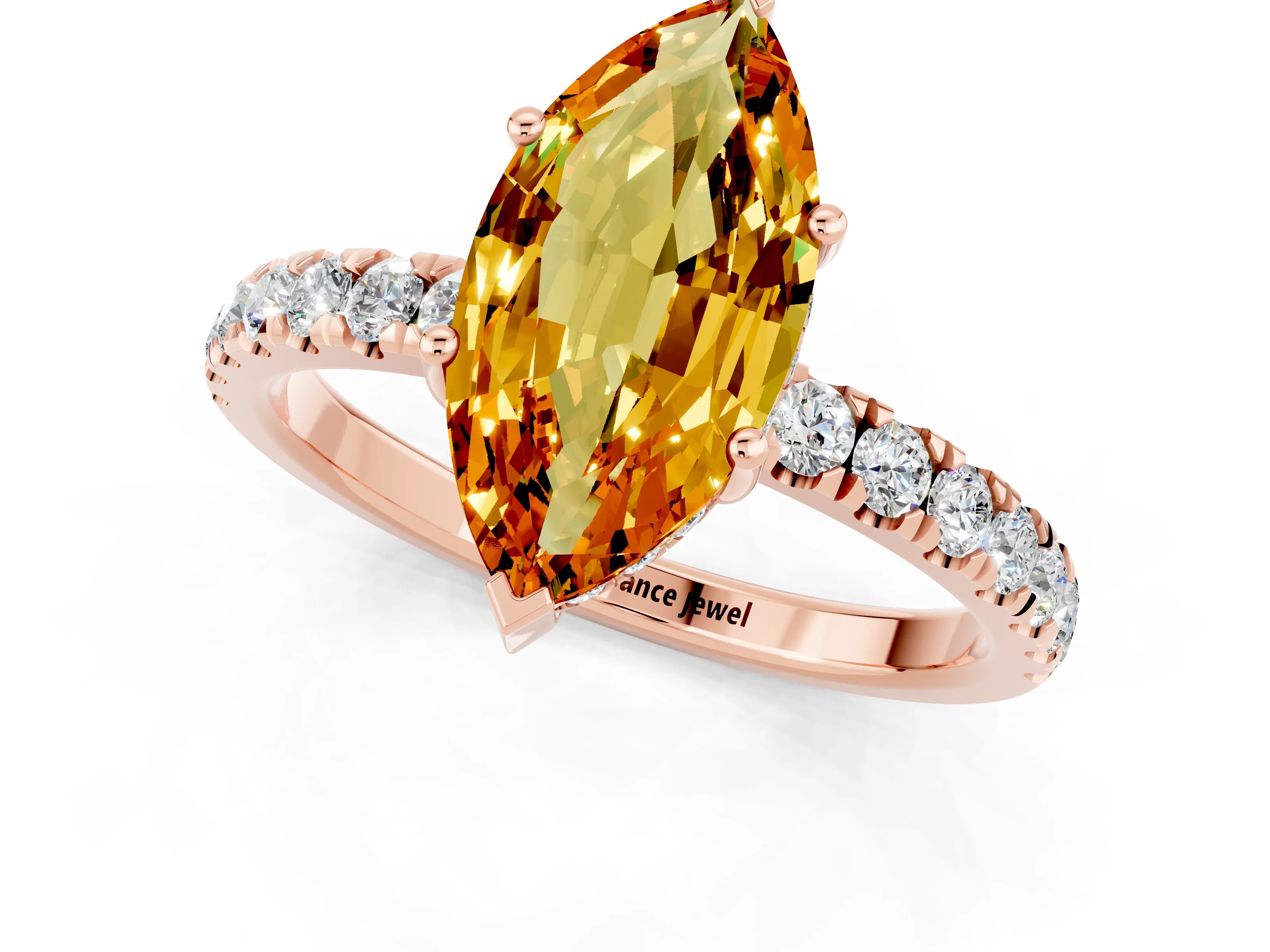 Rose gold Marquise Cut Citrine Pave Band Solitaire Ring with Four-Prong Setting_25