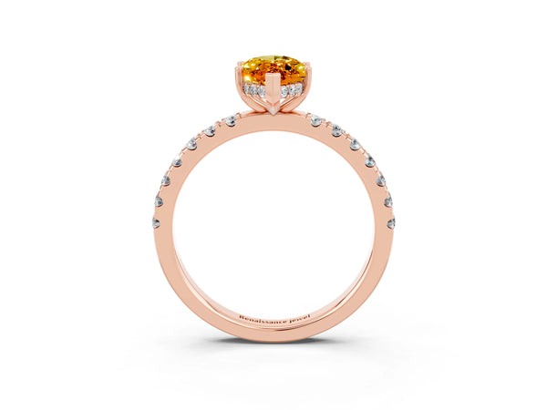 Rose gold Marquise Cut Citrine Pave Band Solitaire Ring with Round  and Prong Setting