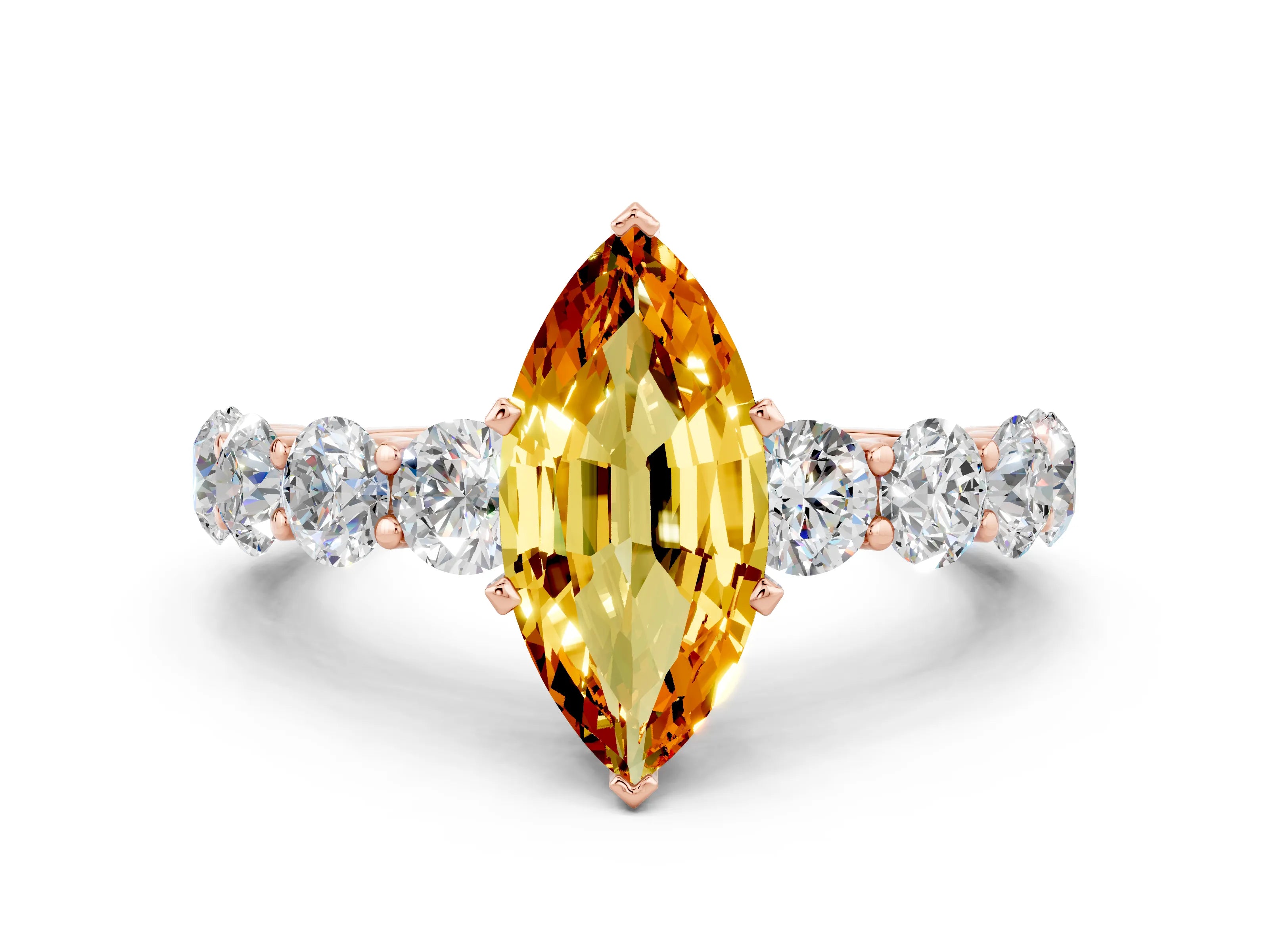Rose gold Marquise Cut Citrine Prong Setting with Side Stones on a Pave Band