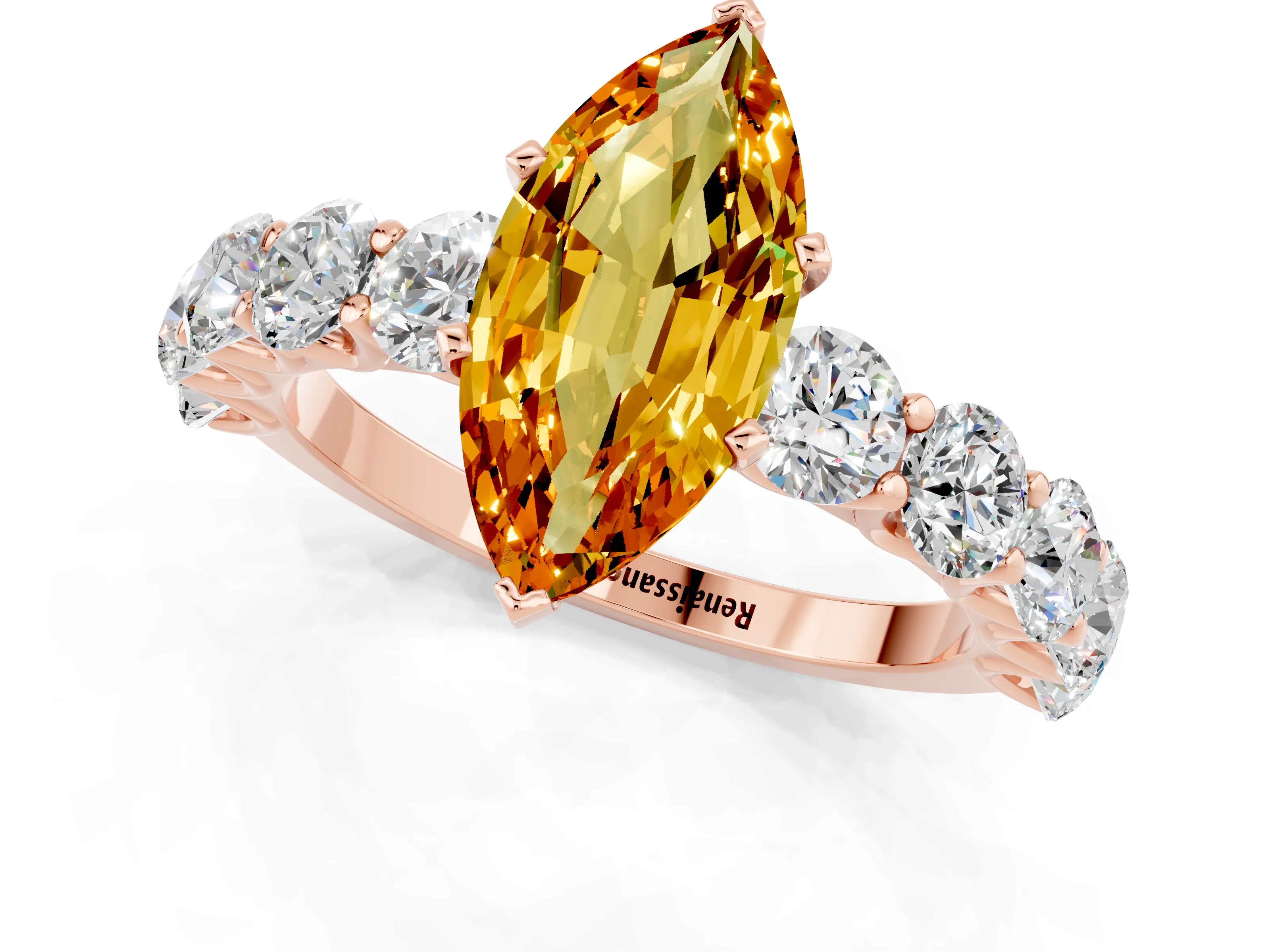 Rose gold Marquise Cut Citrine Prong Setting with Side Stones on a Pave Band_1