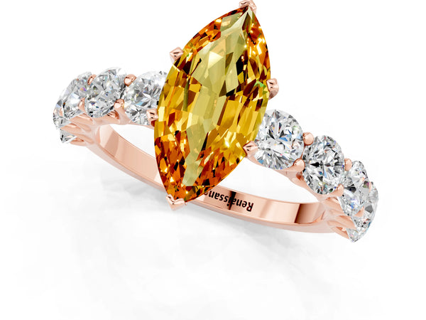 Rose gold Marquise Cut Citrine Prong Setting with Side Stones on a Pave Band