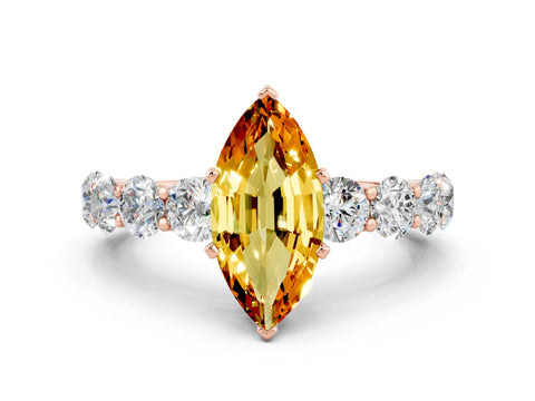 Rose gold Marquise Cut Citrine Prong Setting with Side Stones on a Pave Band