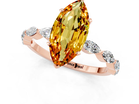 Rose gold Marquise Cut Citrine Ring with Marquise Side Stones and Prong Setting_1