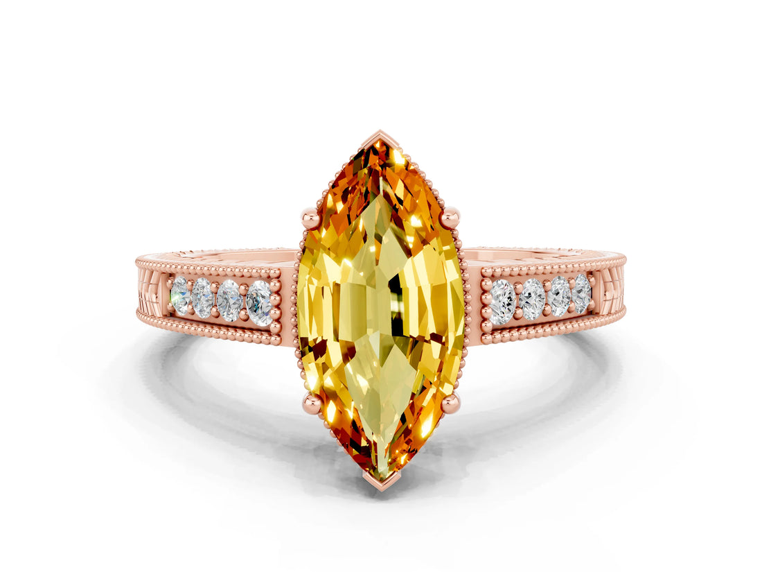 Rose gold Marquise Cut Citrine Ring with Milgrain Pavé Band and Four-Prong Setting_12