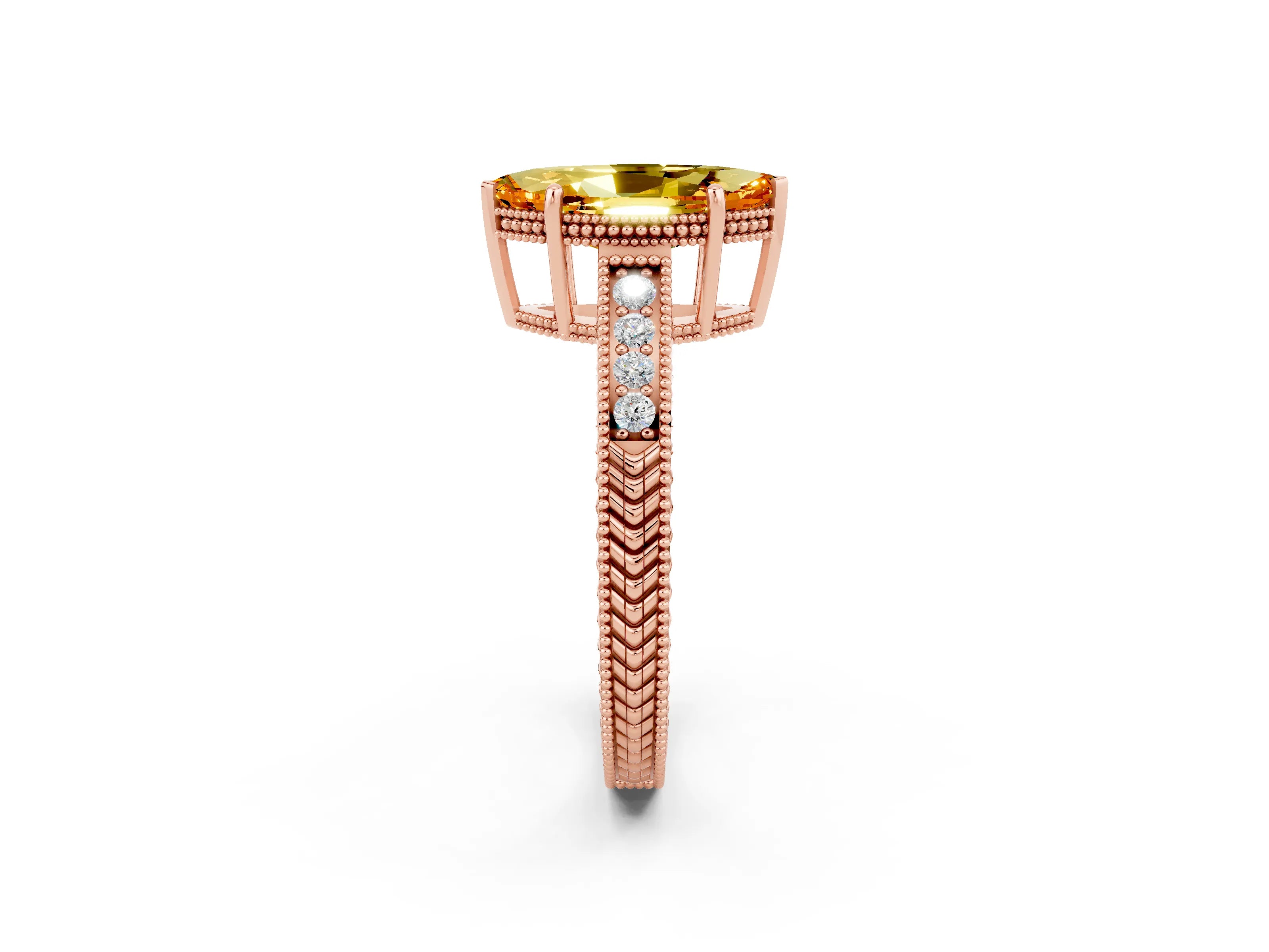 Rose gold Marquise Cut Citrine Ring with Milgrain Pavé Band and Four-Prong Setting_14